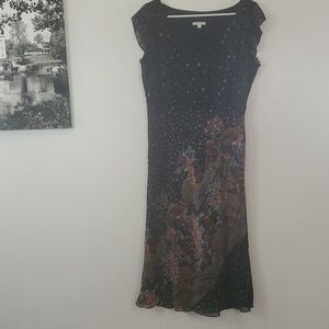 Vintage Calme Black Floral Sheer Overlay BoHo Dress Size Lg Flutter Split Sleeve